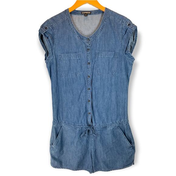 Express | Medium | Sleeveless Denim Blue Chambray Romper Button Down Tie Waist - Picture 1 of 7